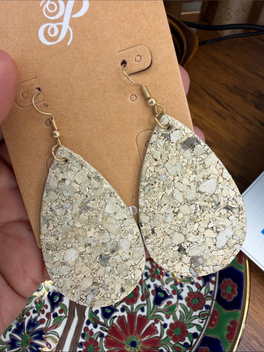 Plunder Natural Cork Teardrop Earrings in Beige and Tan